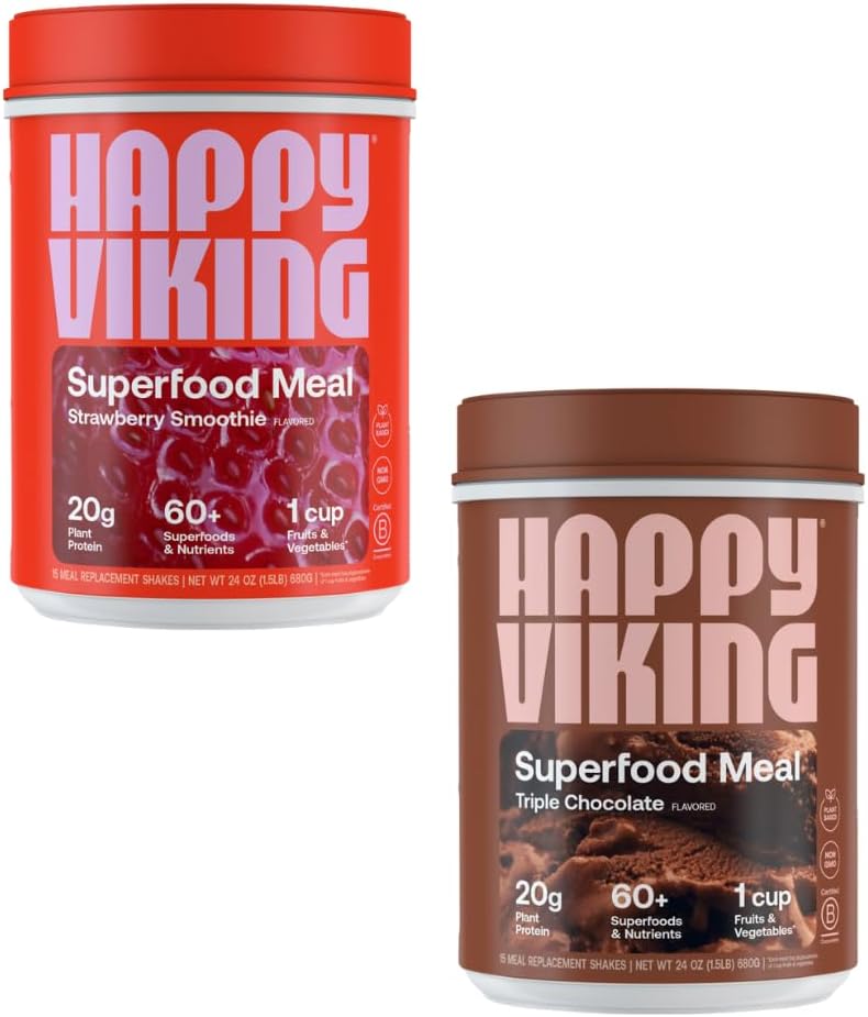 Happy Viking Chocolate and Strawberry אבקת, מאת ונוס וויליאמס, חלבון 20G, Low Carb, Keto, טבעוני, Gluten-Free, Superfoods, Complete Meal Switch, 2 Canisters (24 oz. כל אחד)
