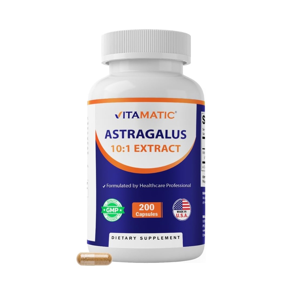 Vitamatic Astragalus קפסולות 200 Veg כמוסות - 10:1 Astragalus לחלץ 500 מ"ג - non-GMO, Gluten-Free