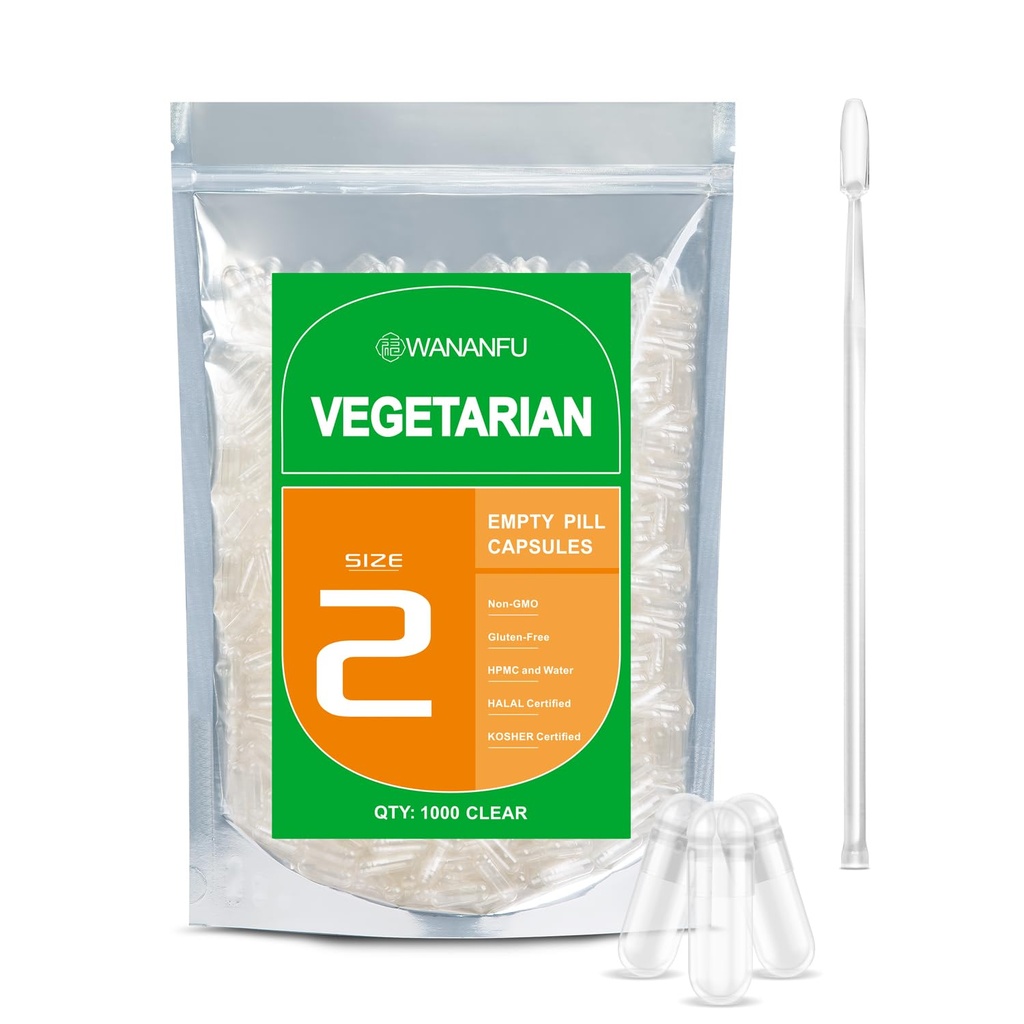 גודל wnanfu Size 2 קפסולות ריקות Vegetarian (500 הרוזן) Bundle עם 2 מיקרו מעבדה Spoons, Clear Fillable Veggie גלולות קפסולות גודל 2 עבור ביצוע תוספי משלך