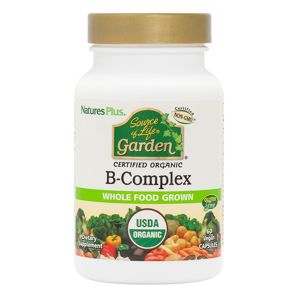 NaturesPlus Source of Life Garden B-Complex - 60 קפסולות - תוסף ויטמין B שלם - USDA אורגני, non-GMO, טבעוני, Gluten Free - 30 משרתים