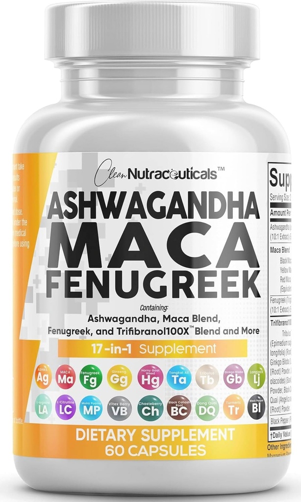 ניקוי Nutraceuticals Ashwagandha Maca Root Fenugreek תוסף עם טונגקאט עלי גינזנג - Assists with Stress, Mood & Thyroid - Ashwagandha כמוסות Fenugreek Caps - 1 Pack