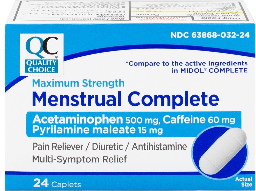 Quality Choice Menstrual Complete Max Strength תקופת הקלה, 500 מ"ג של Acetaminophen, 60 מ"ג של קפאין, 15 מ"ג של Pyrilamine Maleate, Cramps, Bloating, Headache. 24 Count.