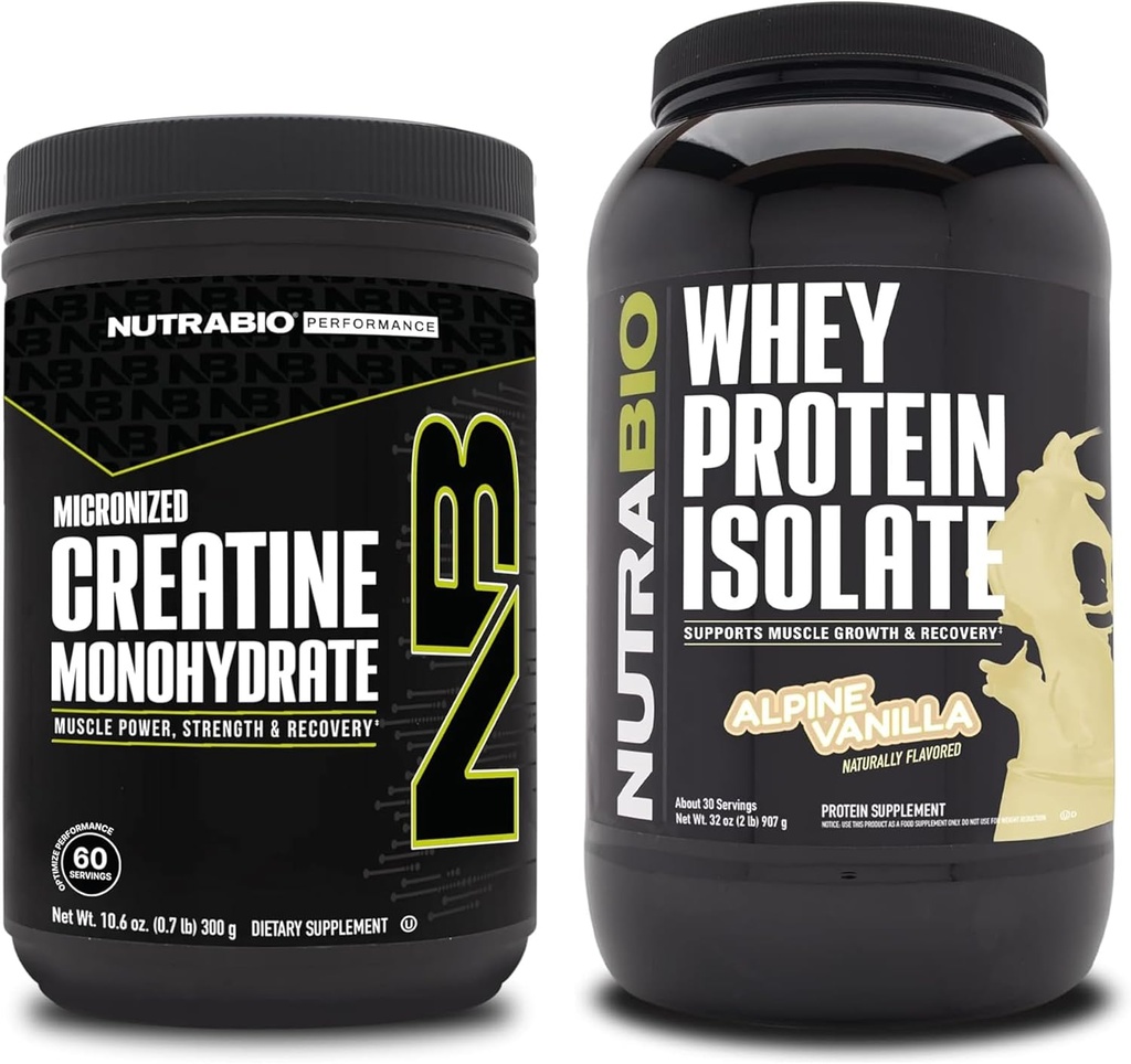 NutraBio Creatine Monohydrate, Unflavored, 300g ו Whey חלבון Isolate, אלפיני וניל, תוספת Bundle - שריר אנרגיה, Lean שרירים צמיחה, התאוששות וכוח