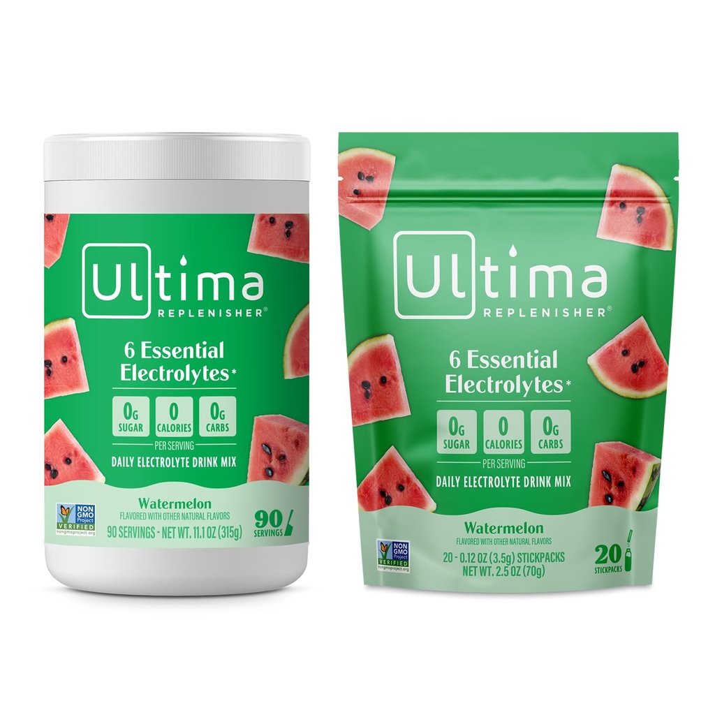 Ultima Replenisher Electrolyte אבקת לשתות Mix Bundle - סוכר חינם - Watermelon, 90 המשרת Canister ו 20 Stickpacks - 6 אלקטרוליטים ומינרלים - Keto Friendly, טבעוני, non-GMO