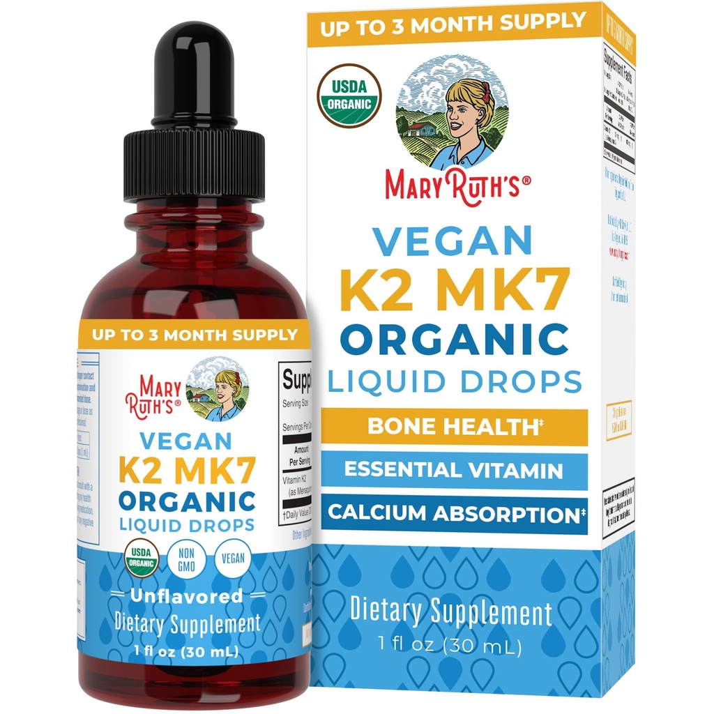 MaryRuth Organics USDA אורגני ויטמין K2 MCT טיפות עבור מבוגרים וילדים | 100 mcg K2 MK7 על מנת לשרת + אורגני שמן MCT | ויטמין K2 לבריאות העצם | בריאות הלב | Calcium Absorption | 1oz K2