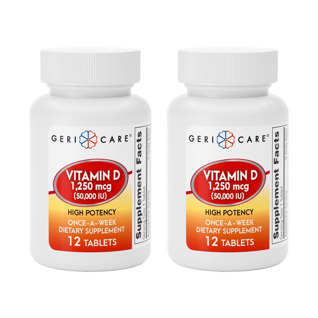 GeriCare ויטמין D 1,250mcg (50,000 IU) High Potency, תומך בעצמות העצם, בריאות השרירים, הפונקציה Immune, ו Calcium Absorption, פעם-A-Week Dietary תוסף, 12 Count (Pack of 2)