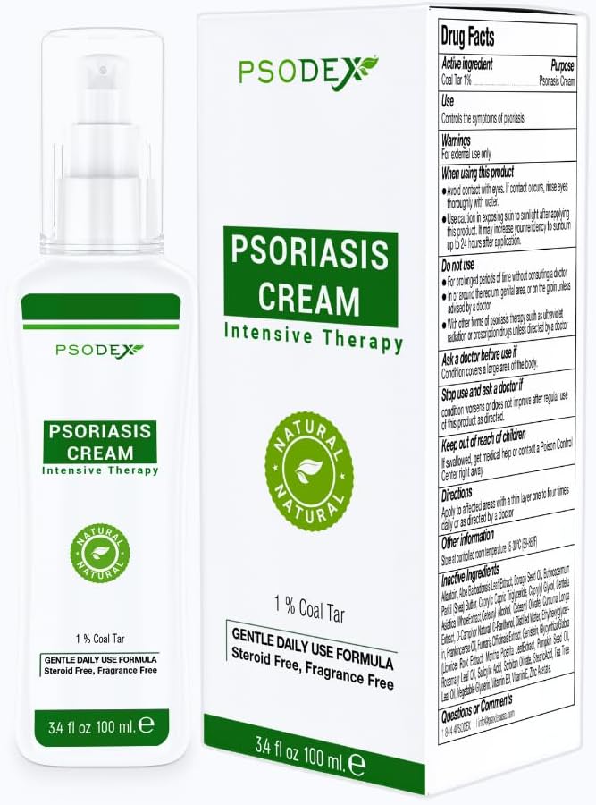PSODEX Psoriasis Cream - 3.4fl oz Topical Psoriasis Treatment with Coal Tar, Salicylic Acid, Tea Tree Oil, Aloe Vera - All-Natural Ingredients - Soothing and Moisturizing Coal Tar Psoriasis Cream