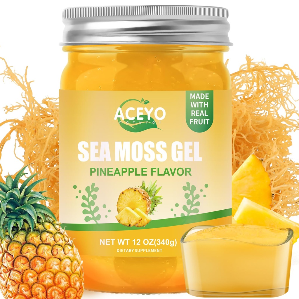 ACEYO (12 OZ Irish Sea Mosss Gel Raw Vegan Pineapple Flavor 102 ויטמינים ומינרלים Wild Harvested non-GMO Immune Defense Booster Thyroidive Support