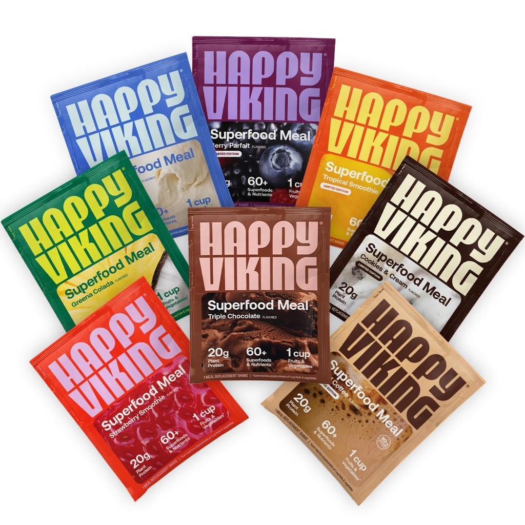 Happy Viking Variety Pack Plant אבקת חלבון, שנוצרה על ידי ונוס וויליאמס, חלבון 20G, Low Carb, Keto, טבעוני, Gluten-Free, non-GMO, Superfoods, Complete Meal Switch, 8 שרת יחיד