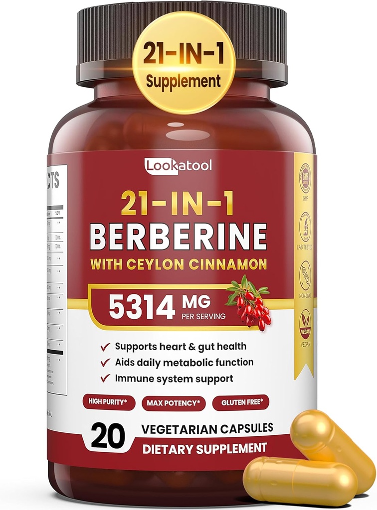 21-in-1 Berberine תוספת עם Ceylon Cinnamon - 1500 מ"ג אורגני Berberine HCL Phytosome, 5X גבוה יותר Absorption עבור Metabolism תמיכה 20 קפסולות