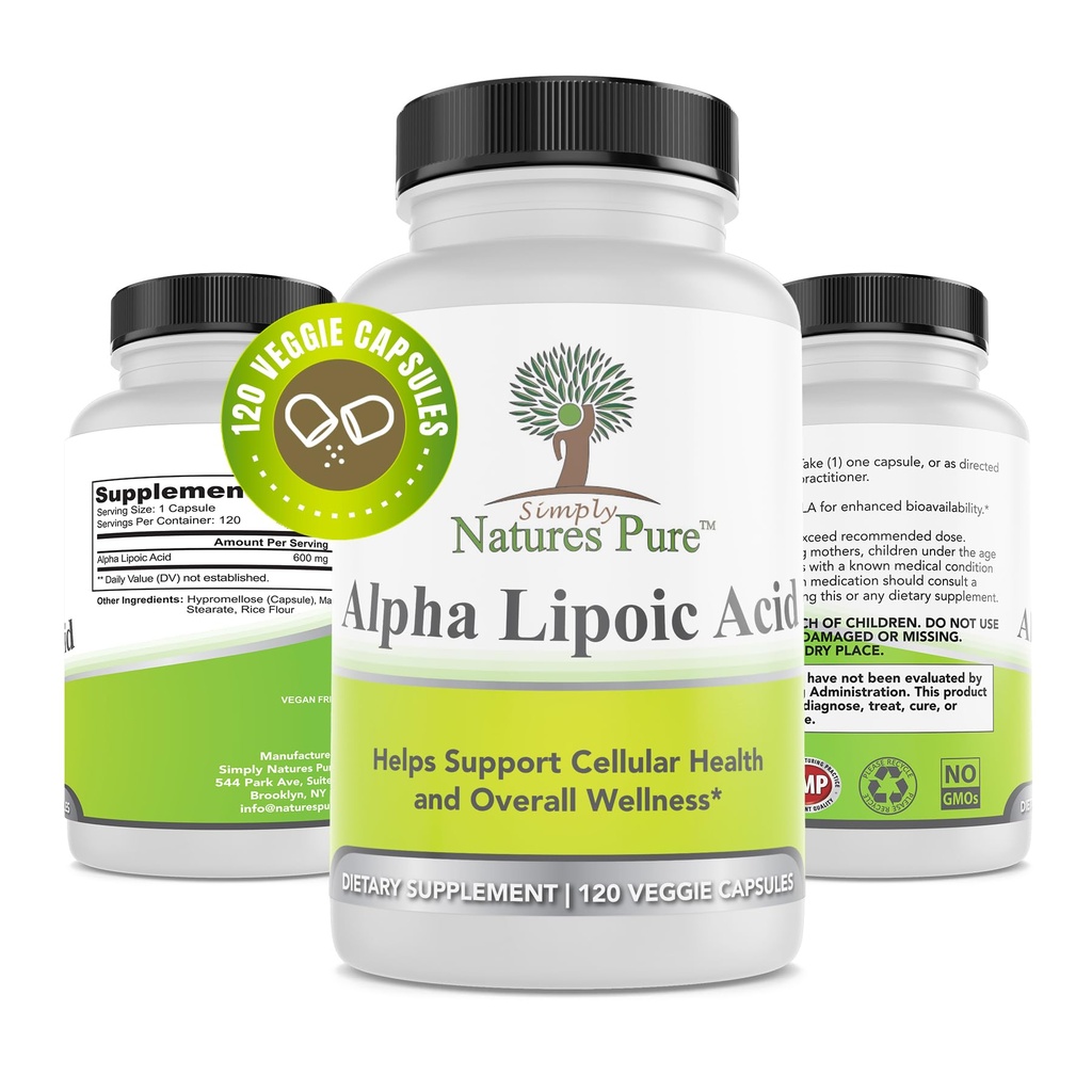 פשוט Natures Pure Alpha Lipoic Acid 600 מ"ג 120 קפסולות Veggie, non-GMO Thioctic Acid 4 חודש אספקה