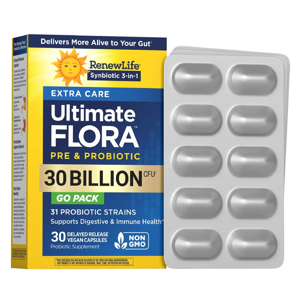 Renew Life Extra Care Go-Pack Probiotics, תוספת יומית תומכת Immune, Digestive ו- Respiratory Health, L. Rhamnosus GG, חלב, סויה וגלוטן חינם, 30 מיליארד CFU, 30 Ctttttt