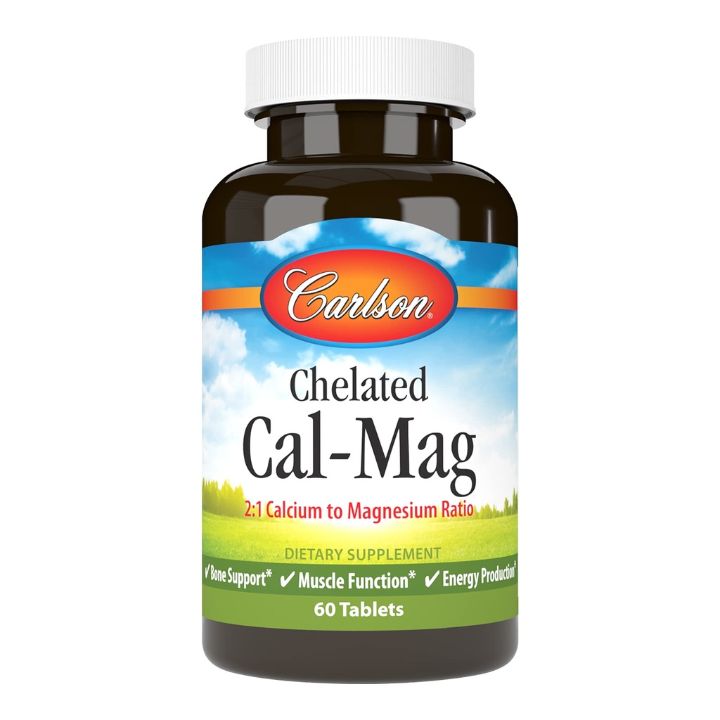 קרלסון - Chelated Cal-Mag, 2:1 Calcium כדי Magnesium Ratio, תמיכה העצם, תפקוד שרירים ואנרגיה ייצור, 60 טבליות