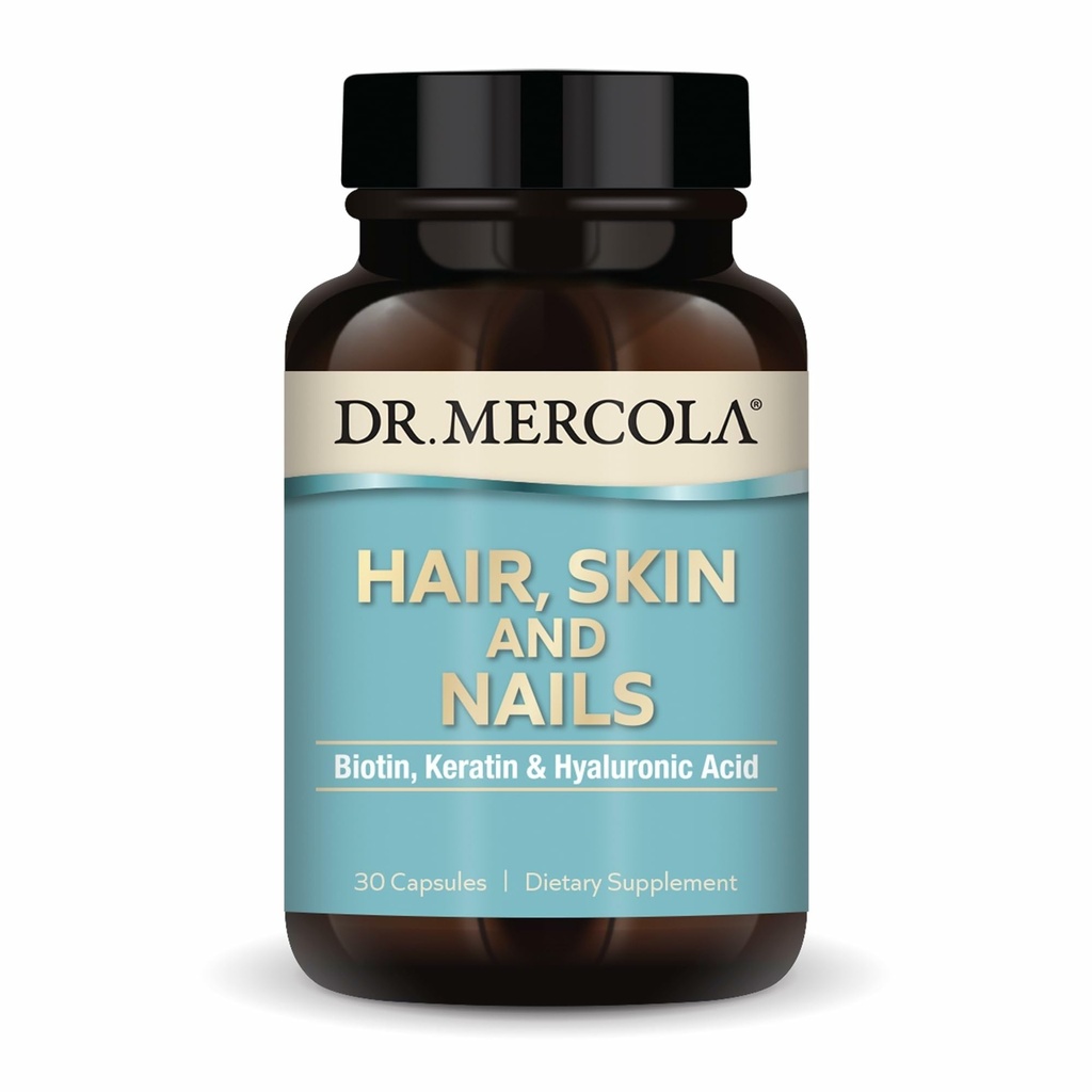Dr. Mercola Hair, Skin and Nails - מספק ביוטין, Keratin & Hyaluronic Acid - Premium Quality - תומך בהזדקנות בריאה - Non-GMO, Gluten-Free & Soy-Free - 30 קפסולות (30 משרתים)