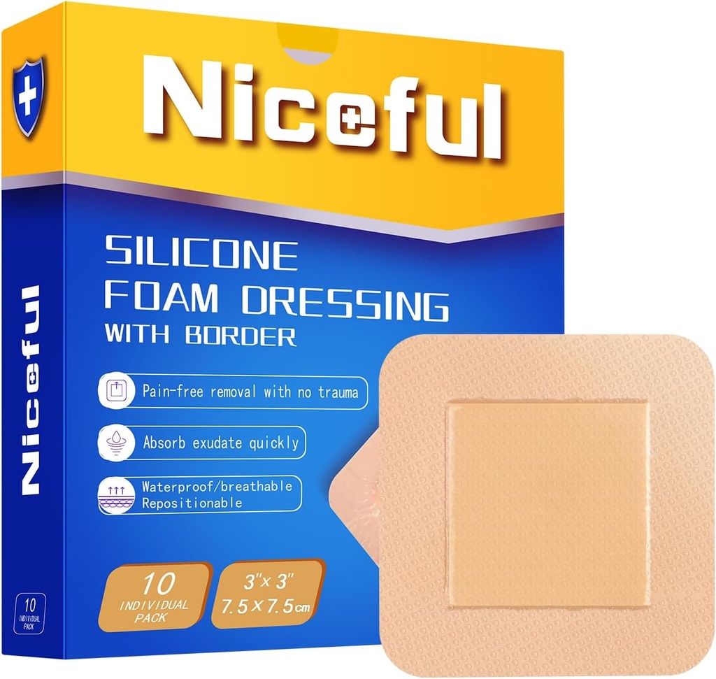 Silicone Foam Dressing 3x3 ב (7.5x7.5 ס"מ), High Absorbency Bed Sore Bandages Wound Care Dressing, Waterified Silicone Bandages for Sensitive Skin Wound Care P(10cs)