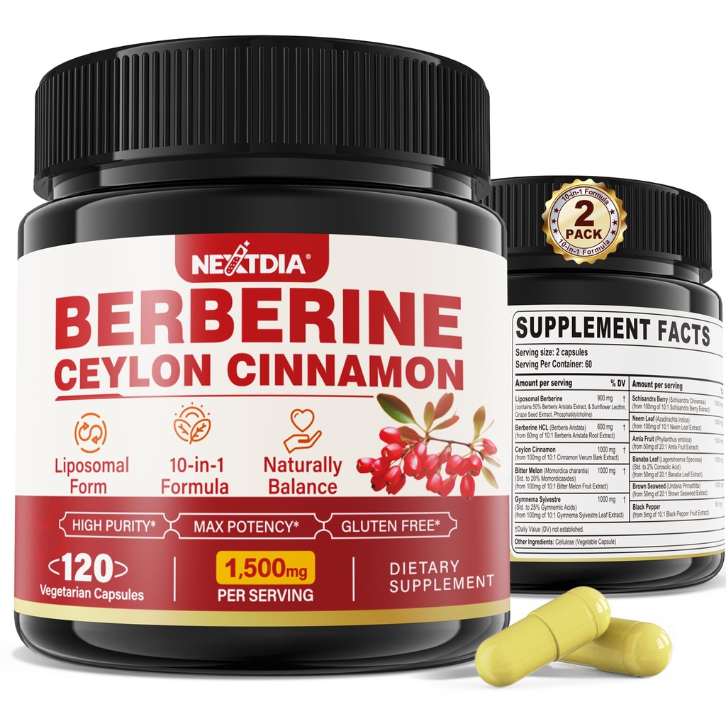 2 Pack 1500 מ"ג Liposomal Berberine HCL עם Ceylon Cinnamon Bitter Melon, אורגני Breberine מורכב תוספי מזון עם בננה Leaf, תומך Immune & Digest - טבעוני 240 קפסולות