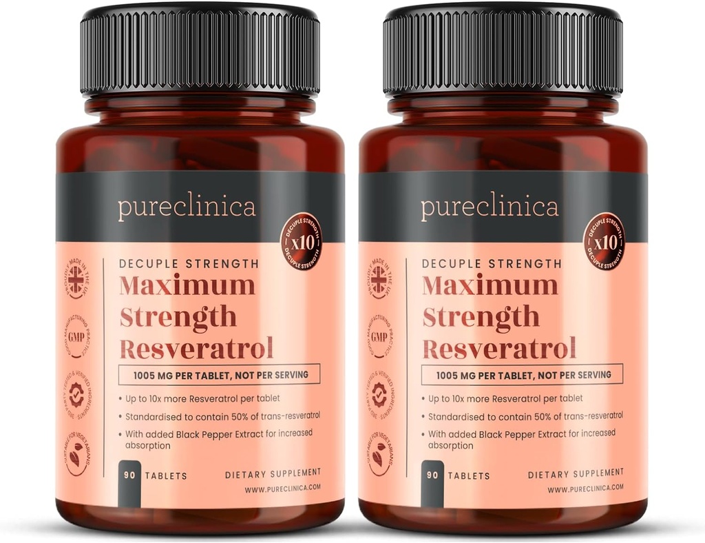 pureclinica 1000mg Resveratrol x 180 Tablets (2 Bottles of 90 Tablets Each - 6 Months Supply). 10 x Strength and with Black Pepper Extract for Faster Absorption