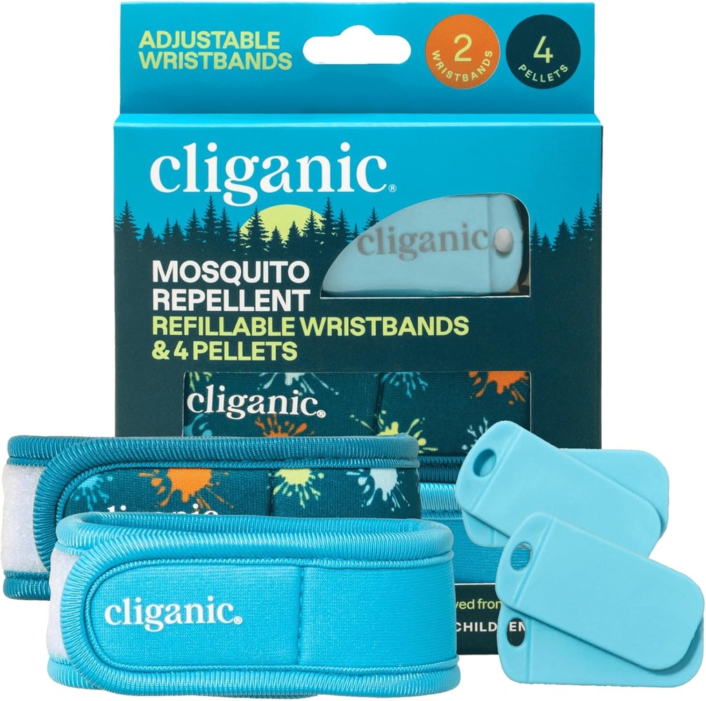 Cliganic Mosquito Repellent Pack (2 Wristbands + 4 Refill Pellets) - מכוונן, Natural DEET-Free, Essential Oil Infused