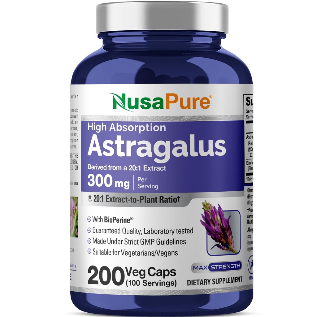 NusaPure Astragalus 20:1 הפקה, 300 מ"ג שווה ל 6000 מ"ג Per המשרת, 200 קפסולות Veggie, non-GMO & Bioperine