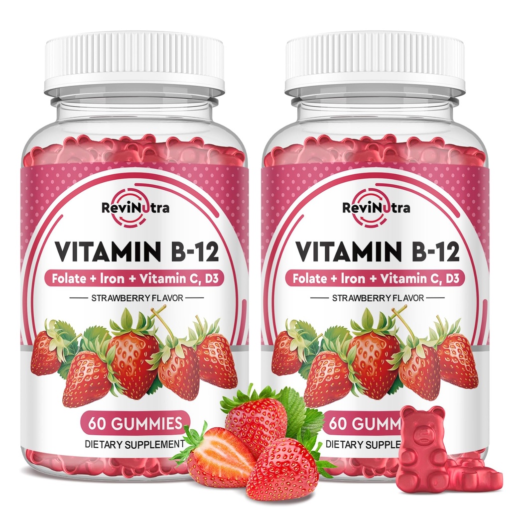 ויטמין B12 מסטיקנים מורכבים - 5000 mcg Methyleobalamin עם ברזל, ויטמין C, D3 & Folate, אנרגיה תמיכה ומטבוליזם, Immune, B-12 Chewable for Men & Women, Strawberry Flavor, 2 Pack