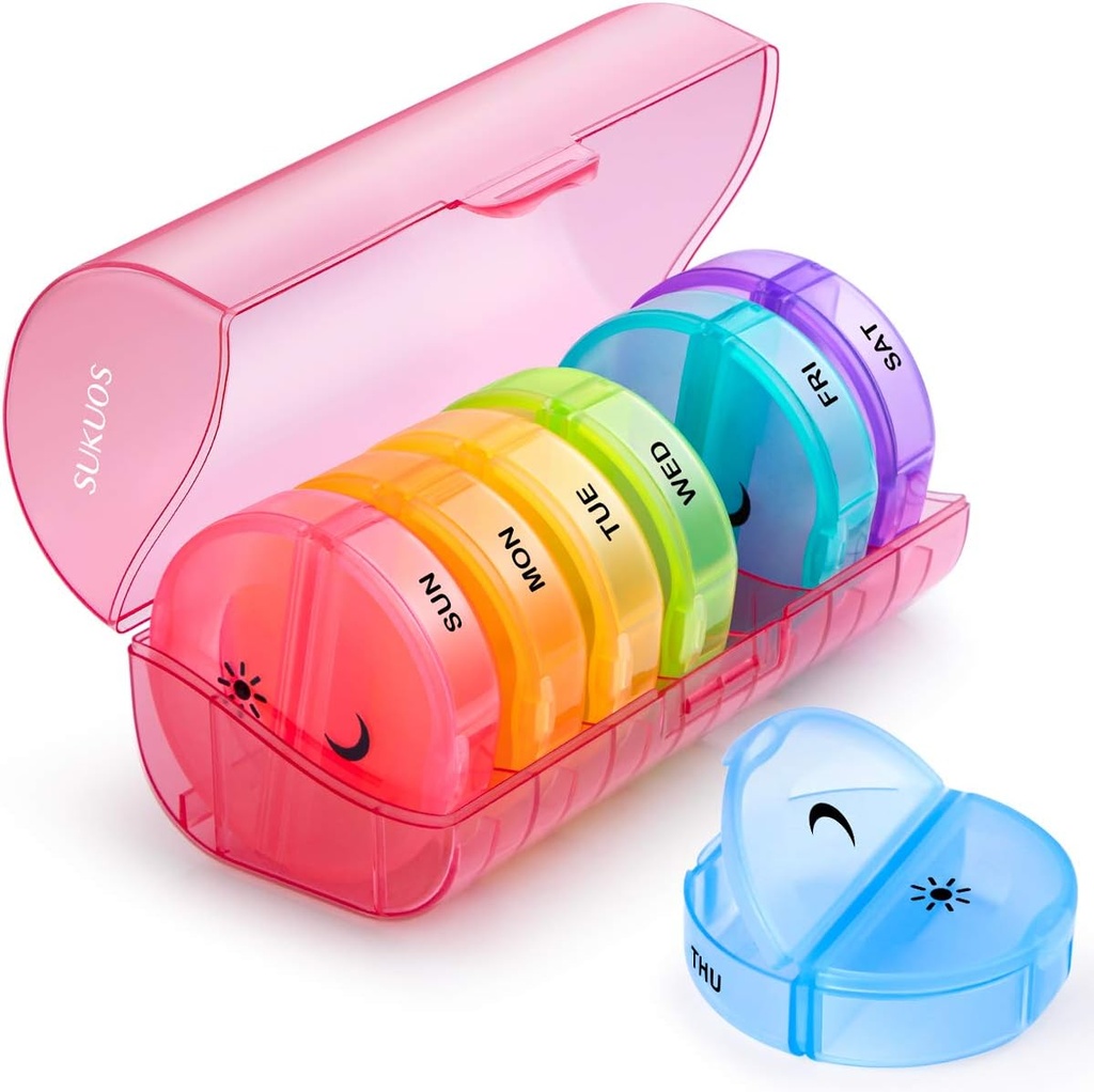 Sukuos גדול כדור שבועי מארגנת 2 פעמים ביום, יום הכדור היומי Box 7 Day Easy to open with Double Protection, AMPM Pill Case for Medicine/Vitamin/Fish Oil/Supplements (אדום)