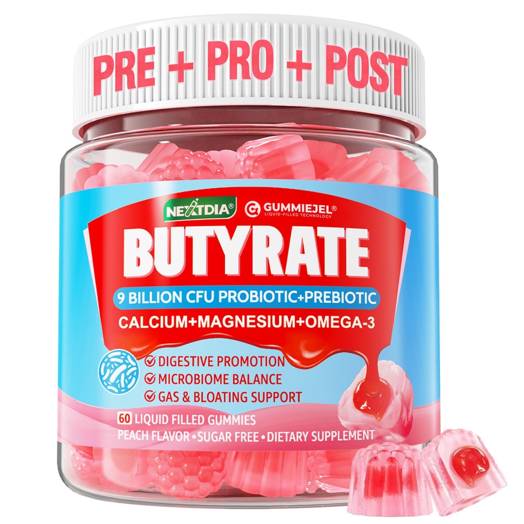 Butyrate Gummies with Probiotic + Prebiotic + Postbiotic, אומגה 3 500 מ"ג,Fiber עם 9 מיליארד CFU Probiotics, Calcium & Magnesium, Inulin, Psyllium Husk for Digestive Health,Bloating Support, Sugar Free Probiotic.