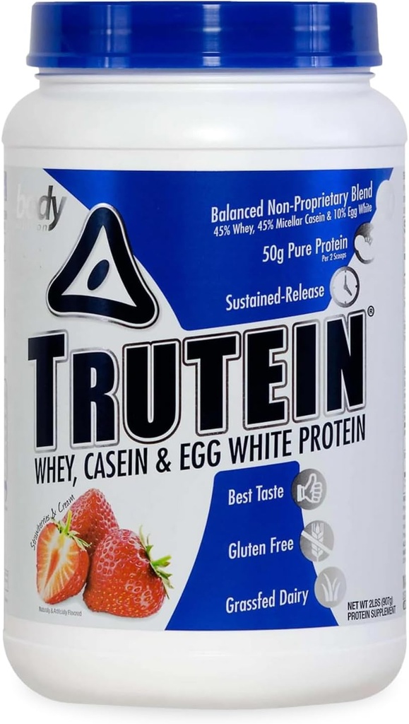 אבקת חלבון גבוהה של הגוף Trutein גבוה חלבון אבקה: 45% Whey, 45% מקרהין, 10% ביצה לבן, Gluten-Free, Low Sodium, Grass פד Whey חלבון אבקת, תוספת של התעמלות & ארוחת בוקר שקד, סטרוגים ו Cream, 2lb