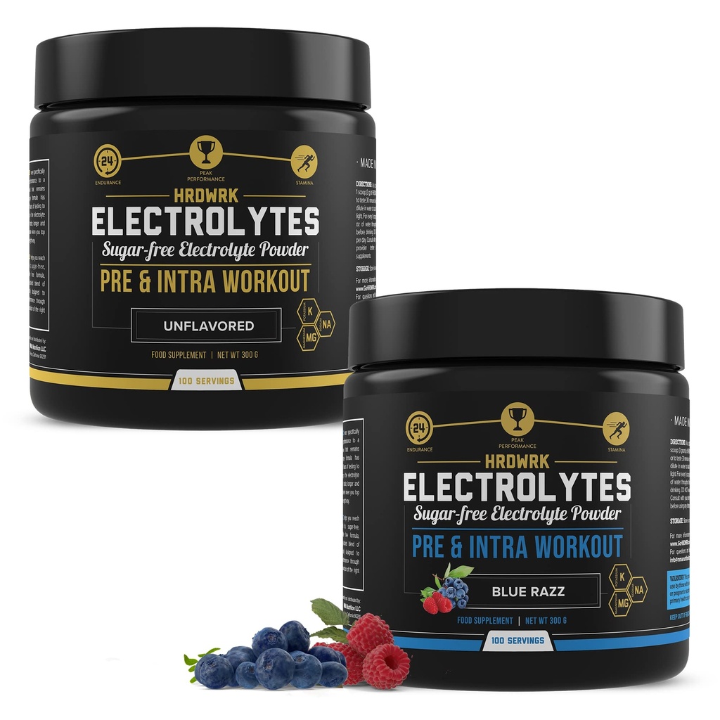 MMA Nutrition HRDWRK 100 משרתות את Keto Electrolytes אבקת hydrotion סוכר חינם - אבקת אלקטרוליטית כדי Boost Endurance ולהפחית Fatigue עם תוספים אלקטרוליטיים - Unflavored & Blue Raspberry Set