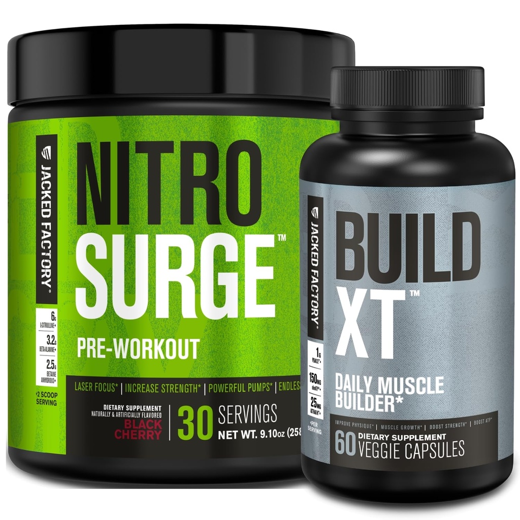 מפעל ג'ק Nitrosurge Pre-Workout ב Black Cherry & Build XT שריר בניין Bundle עבור גברים ונשים