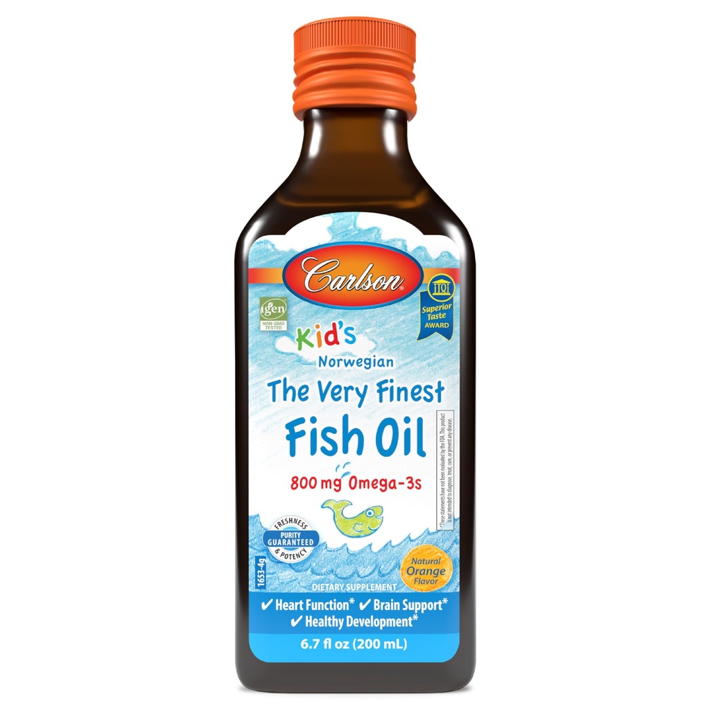 קרלסון - Kid's The Very Finest Fish Oil, 800 מ"ג אומגה 3s, Norwegian, Sustainably Sourced, Orange, 200 מ"ל