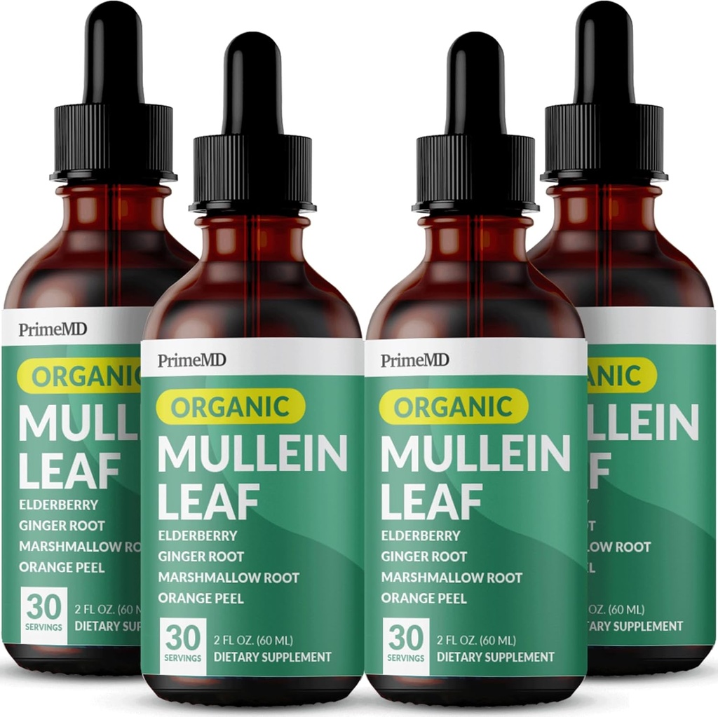 5in-1 מולליין טיפות עבור Lungs ו Bronchial - Respiratory Lung Health Support with Mullen Leaf Extract for Lungs - Mullein Tincture with Elderberry, Echinacea ושורש ג'ינג'ר (120 משרתים) (4-pack)