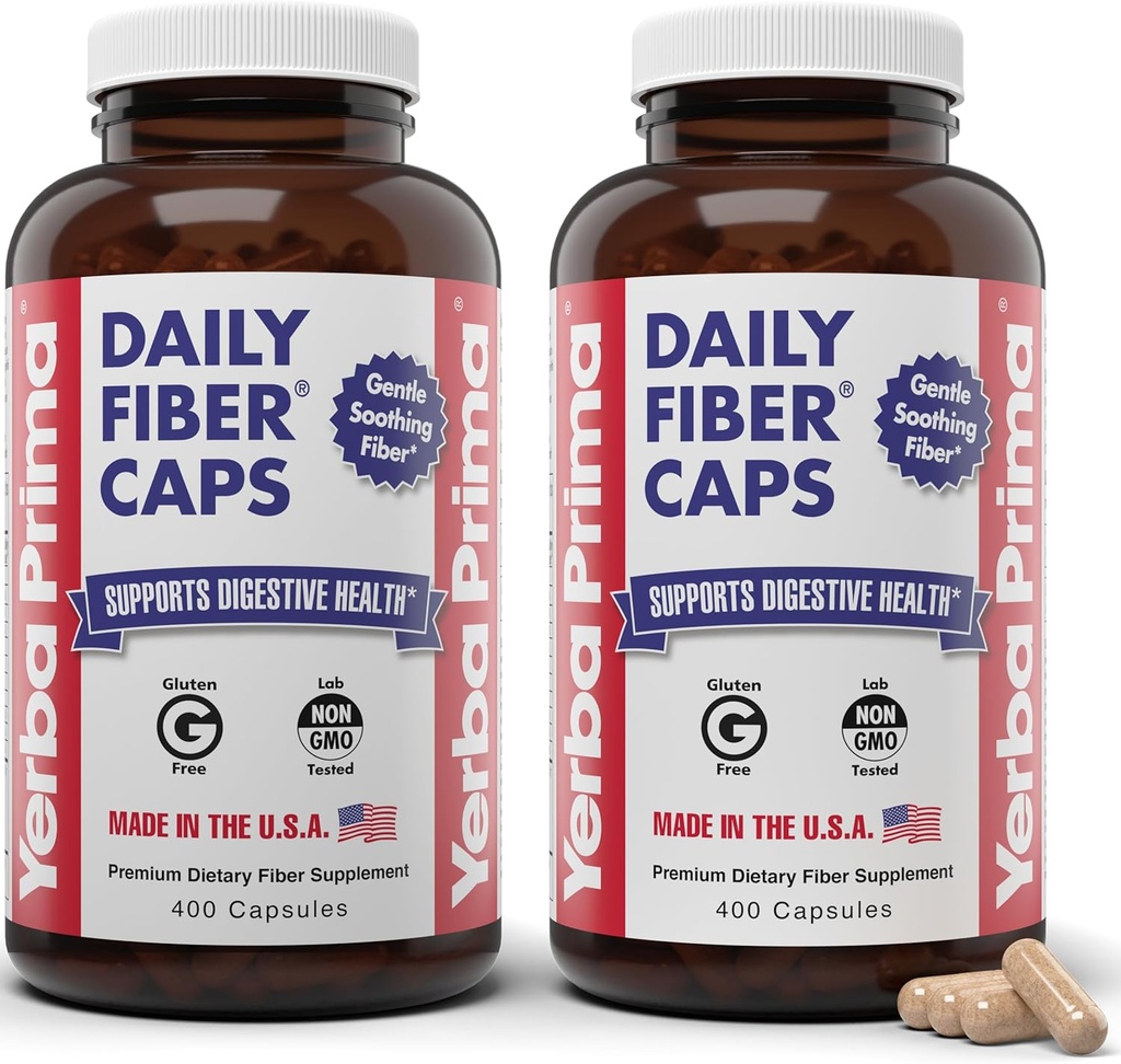 Yerba Prima Daily סיבים Caps פורמולה 400 קפסולות (Pack of 2) - הן Soluble / Insoluble סיבים עם Psyllium Seed Husks, Acacia Gum, Apple סיבים תוספת תוסף