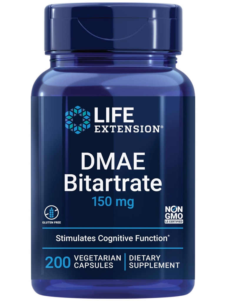 Life Extension DMAE Bitartrate, תומך בייצור נוירוטרנסמיטר, 6-Month Supply, Gluten-Free, non-GMO, Vegetarian, 200 קפסולות