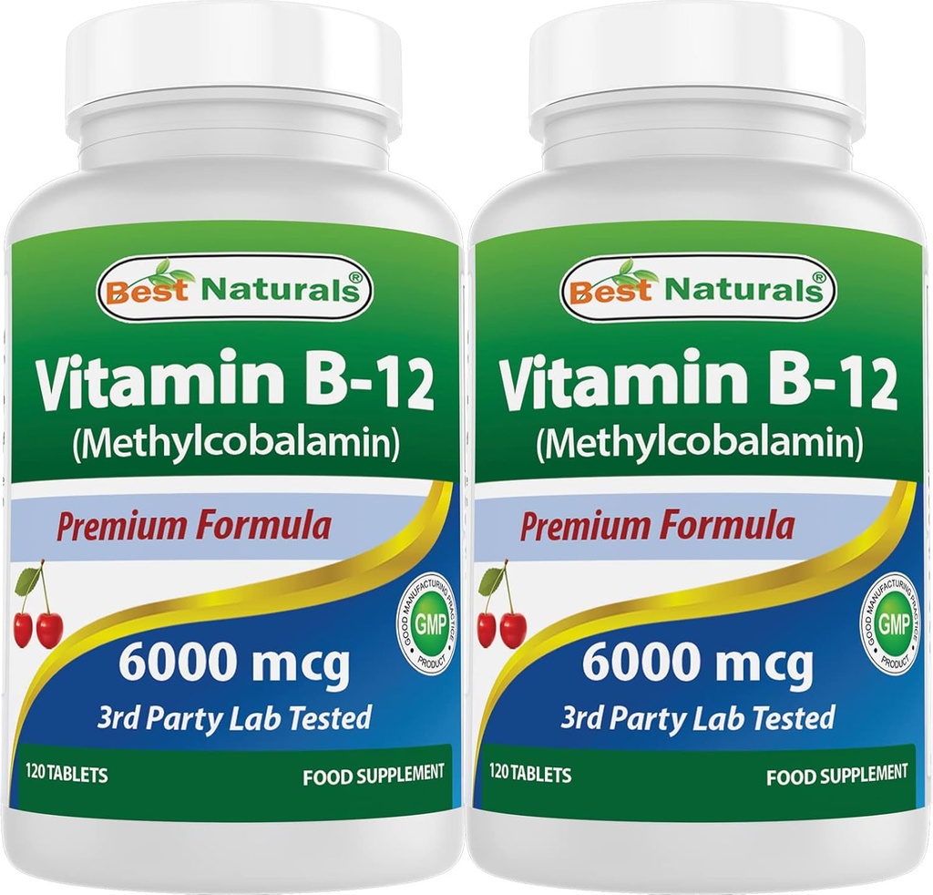 Best Naturals ויטמין B-12 כמו Methylcobalamin (Methyl B12, 6000 mcg 120 טבליות sublingual (120 Count)