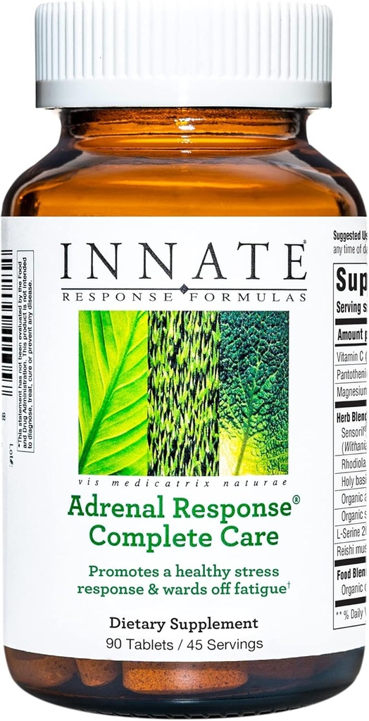 תגובה פנימית פורמולה Adrenal response Complete Care - with Ashwagandha - מקדם תגובה מתח אופטי - Wards Off Fatigue - Vegetarian, Gluten-Free, non-GMO, כשר - 90 טבליות (45 משרתים)