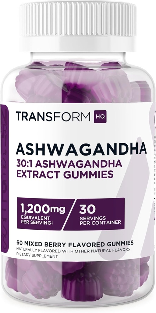 TransformHQ Ashwagandha Gummies 1,200 מ"ג, 60 חניכיים (Mixed Berry Flavor) - Ashwagandha Herbal Extraction - 30 משרתים, Gluten Free, non-GMO