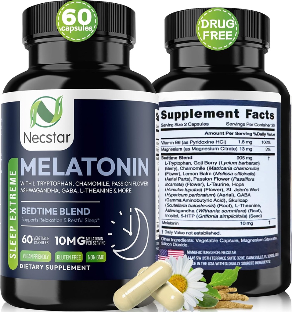 Necstar Melatonin 10 מ"ג, Sleep Aid for Adults, תוספת כוח עם Ashwagandha, Magnesium, L-theanine, GABA, Lemon Balm ו Chamomile Sleep Support Supplement, Non-GMO, Gluten-Free 60 קפסולות