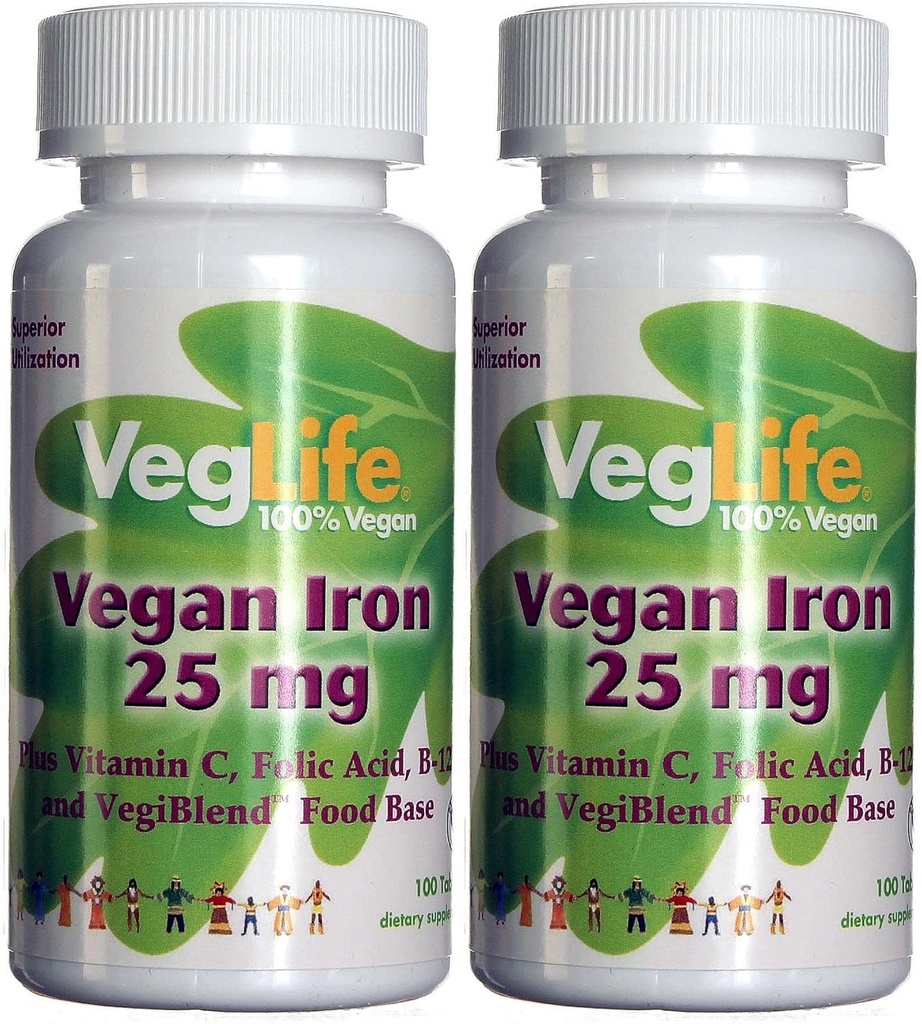 VegLife Iron 25 מ"ג | Plus ויטמין C, Folic Acid, B-12 ו- VegiBlend Food Base | Plant Based Iron Supplement for Women & Men | 100 Tablet