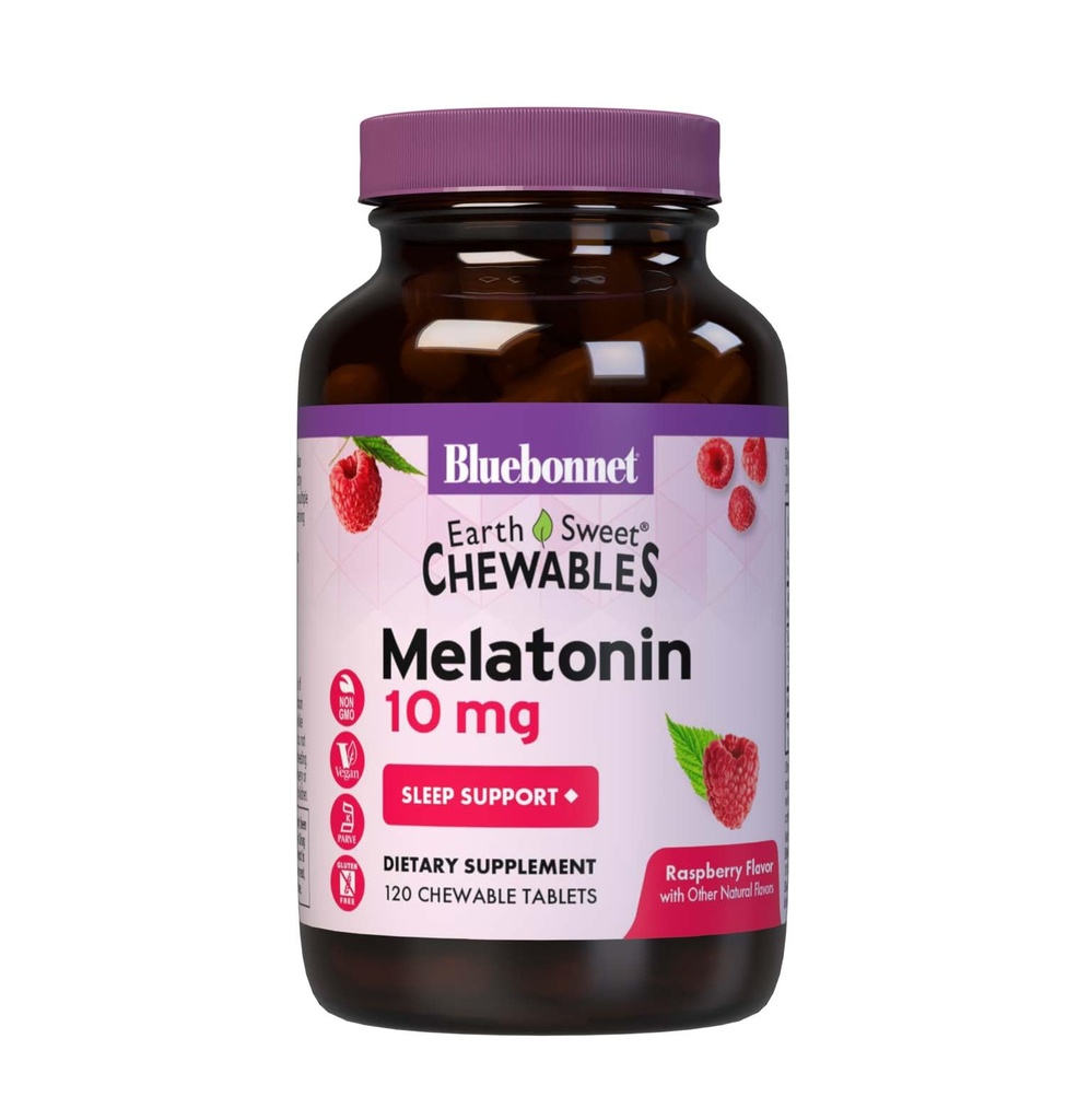BlueBonnet Nutrition Earth Sweet מלטונין 10 מ"ג במהירות ניתוק לילה מהיר ותמיכה בשינה מנוחה - Sleep Aid - Gluten-Free, Vegan - Raspberry Flavor - 120 טבליות Chewable