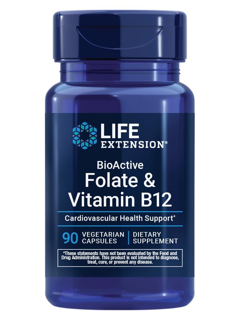 Life Extension BioActive Folate & ויטמין B12, מקדם את הלב, המוח & GI Tract Health, non-GMO, Gluten-Free, Vegetarian, 90 קפסולות