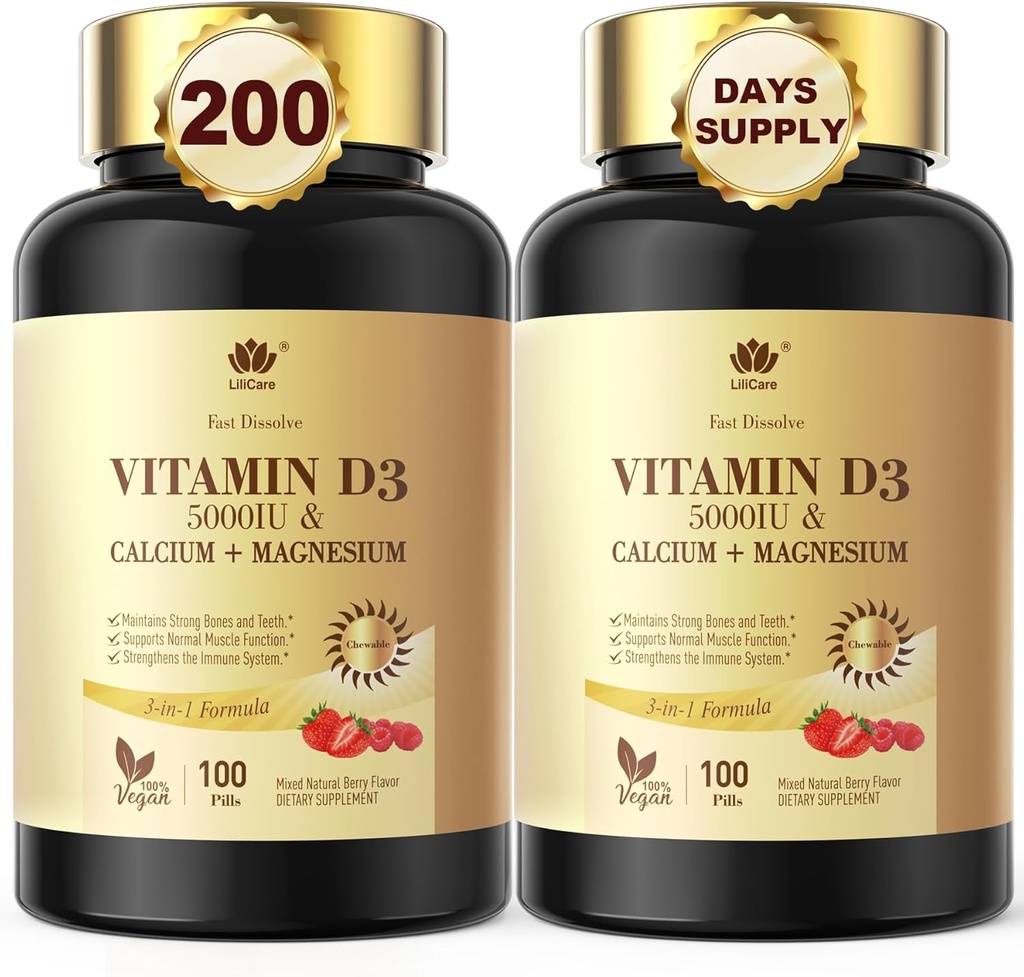 ויטמין D3 5000IU עם Calcium & Magnesium - עבור Absorption Quick Foodsent Absorption-Sugar Free Chewable תוספת עבור עצמות כוח, שיניים, שרירים, בריאות החיסון, 200 טבליות מלט מהיר