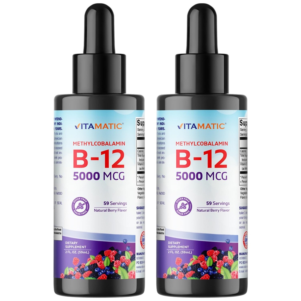 Vitamatic 2 Packs Fast Acting נוזל ויטמין B12 5000 mcg (Methylcylobalamin) - טבעי ברי פלבדור - תוסף sublingual - Faster Absorption - 2 OZ