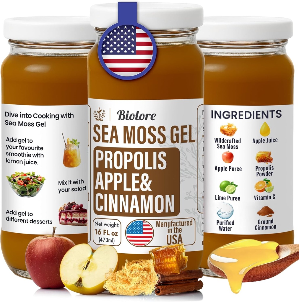 Biolore Wildated Sea Moss Gel with Propolis - Apple & Cinnamon 16 oz - פלאמוריד הים Mosss Gel with Essentials & Trace מינרלים - תוצרת טבעונית - מיוצר בארה"ב, Gluten-Free, לא הוסיף סוכר