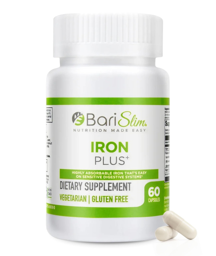 BariSlim Iron Plus כמוסות - פורמולה עבור חולים לאחר אובדן משקל ניתוח כולל Gastric Bypass & Gastric תא המטען - Easy Digestion & מקיפה בריאות תמיכה; 2 חודשים אספקה (60 משרתים)