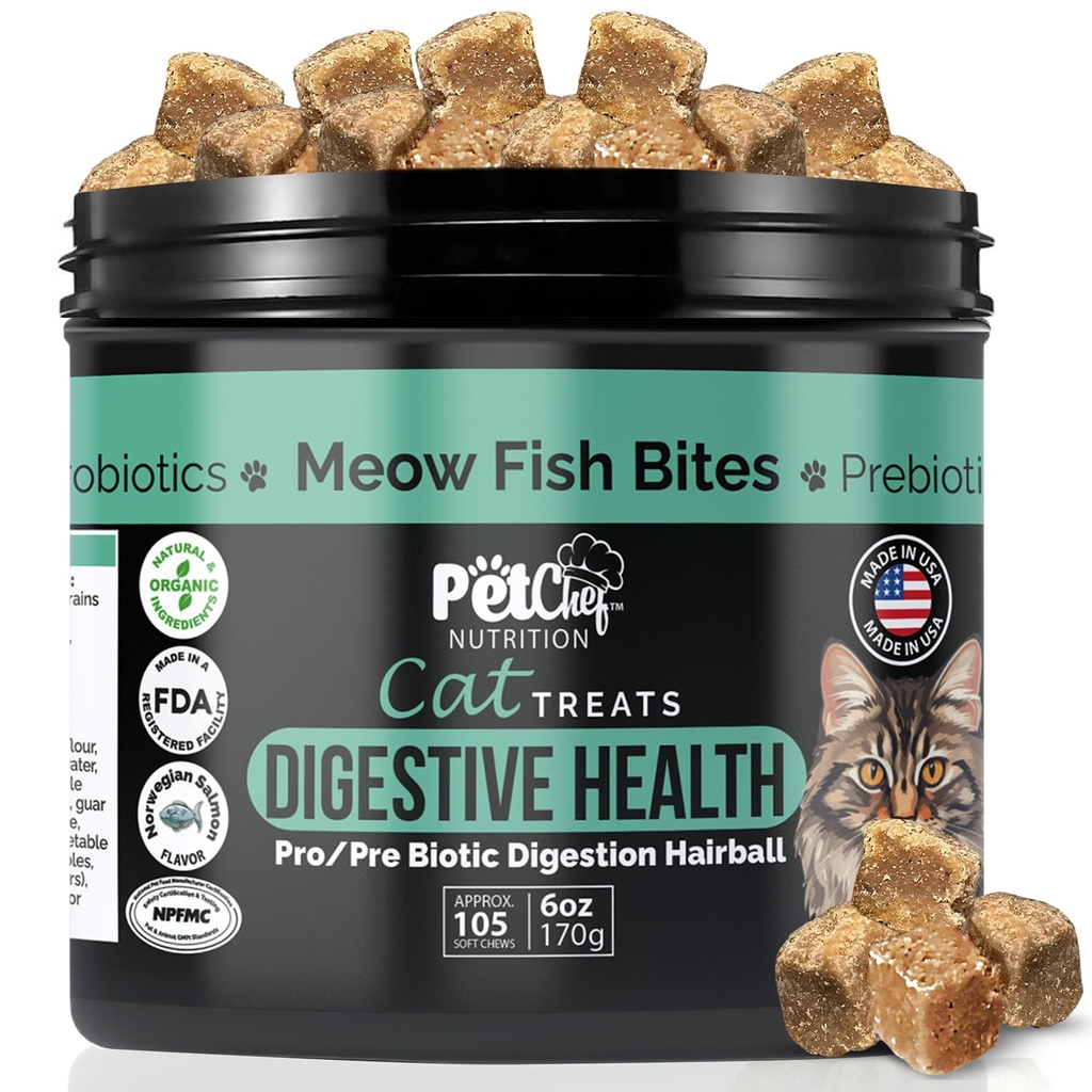 Pet Chef Meow Bites: Premium Pro & Prebiotic Digestion Cat Treats - שיפור העיכול - Better tan Fortiflora Probiotics for Cats - Stops Cat Vomiting All Ages