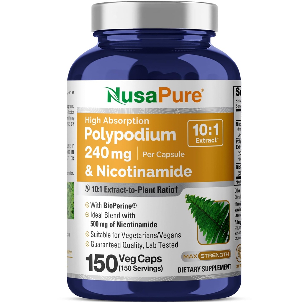 NusaPure Polypodium Nicotinamide 10:1 לחלץ, 240 מ"ג Equivalent ל 2,400 מ"ג עבור Veg Caps - 150 Count (Non-GMO, Soyfree, bioperine)