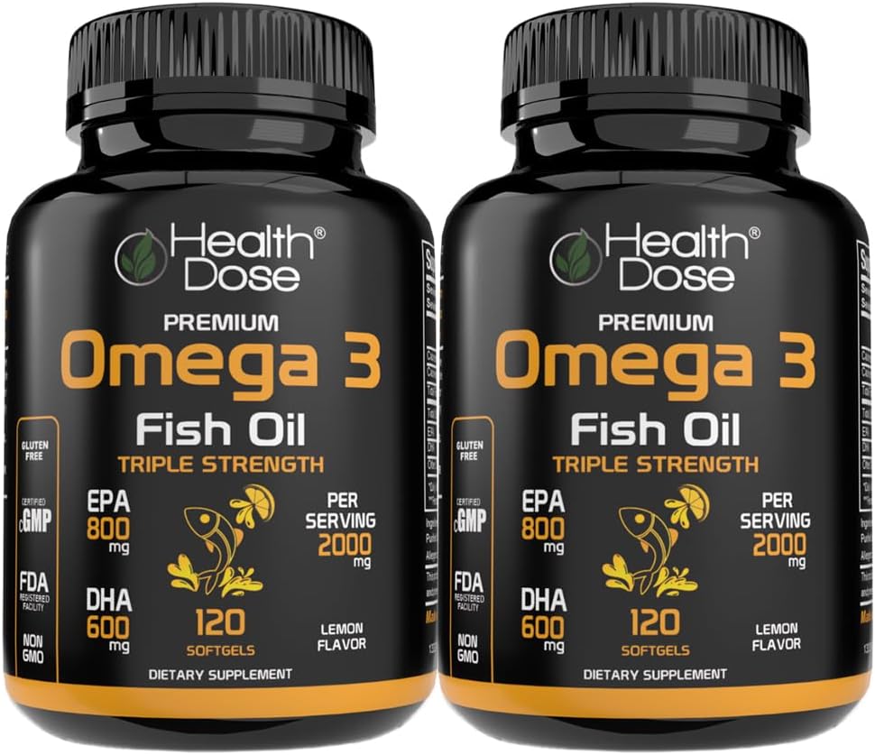 בריאות dose אומגה 3 שמן דגים - לימון-Flavored Softgels עם EPA & DHA עבור המוח, הלב ותמיכה בריאות - Easy-to-Digest, No Fish Burps - 120 Softgels, Pack של 2 2