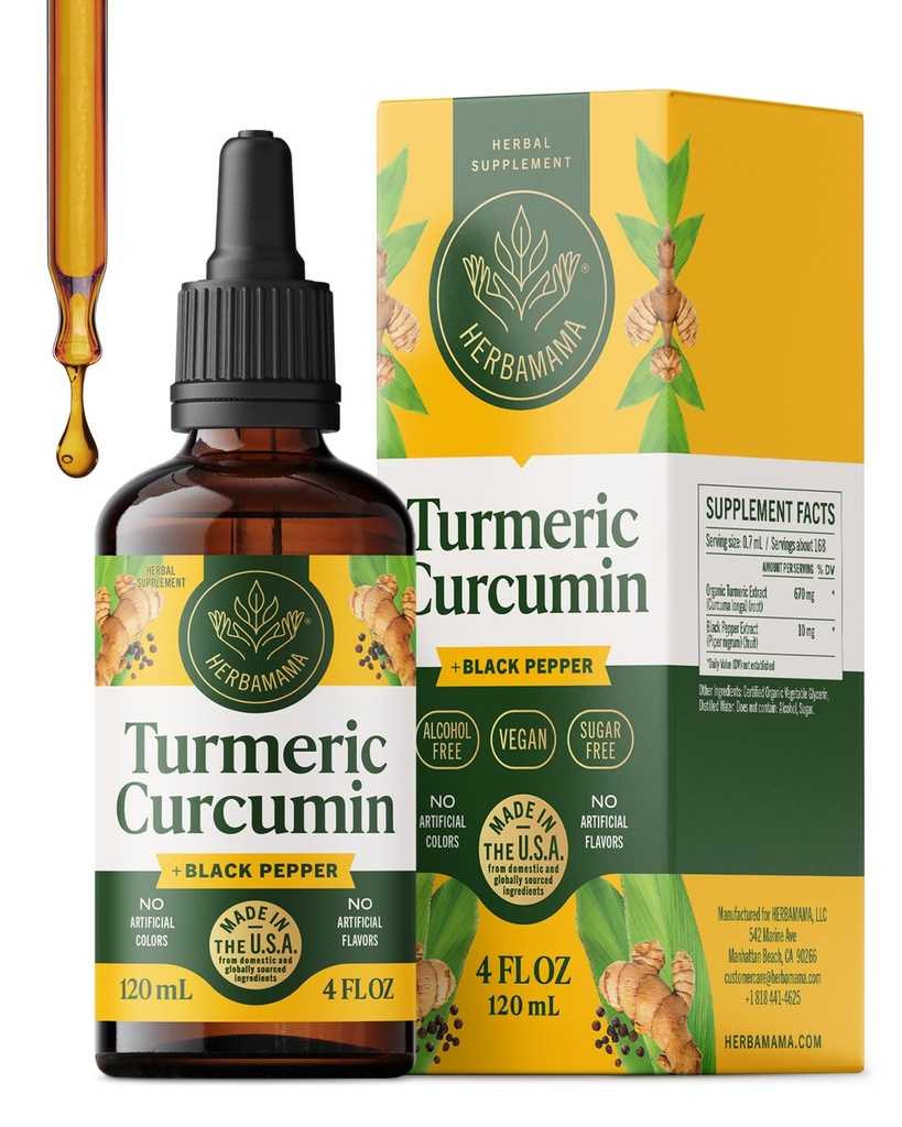 HerBAMAMA Turmeric Liquid Drops - Immune, Digestive & Mobility Support with Turmeric Curcumin with Black Peppe Extract - Non-GMO, Alcohol & Sugar-Free Antioxidant Supplement - 56-Day Supply Supply