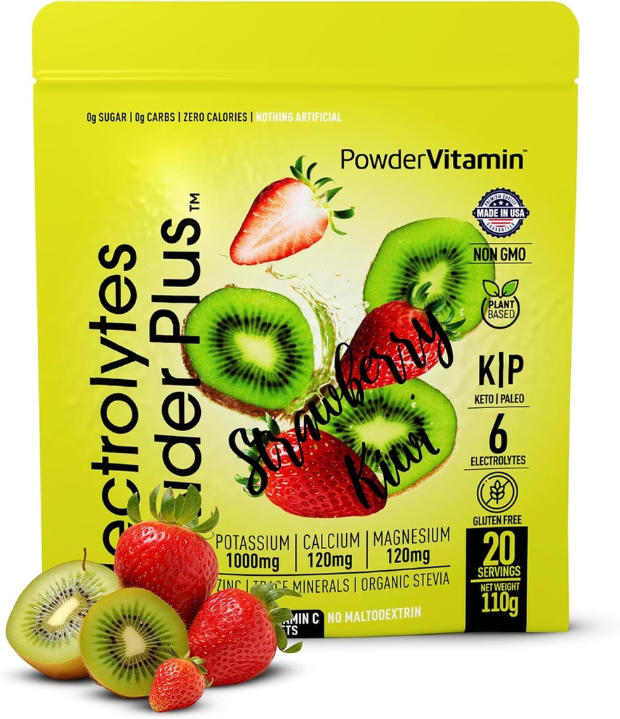 אבקהVitamin אלקטרוליט אבקת פלוס (20 משרתות) סטרוברי קיווי אלקטרוליטה אבקת Zero Calorie Keto,0 סוכר, No Maltodextrin, 1000mg Potassium, 120 מ"ג Calcium, 120 מ"ג מגנזיום, מלח ההימלאיה Pinkn Salt ההימלאיה