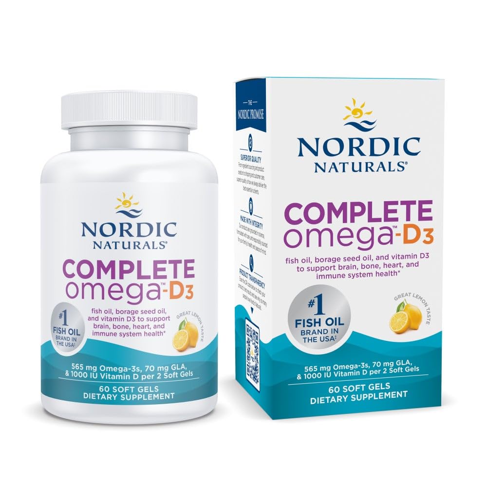 Nordic Naturals Complete אומגה-D3, Lemon Flavor - 60 Soft Gels - 565 מ"ג אומגה 3 + 70 מ"ג GLA + 1000 IU ויטמין D3 - EPA & DHA - עור בריא, קוגניציה, חיובי Mood - לא-GMO - 30 משרתות